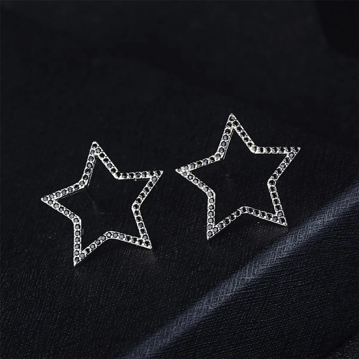 Black Cubic Zirconia & Silver-Plated Open Star Stud Earrings