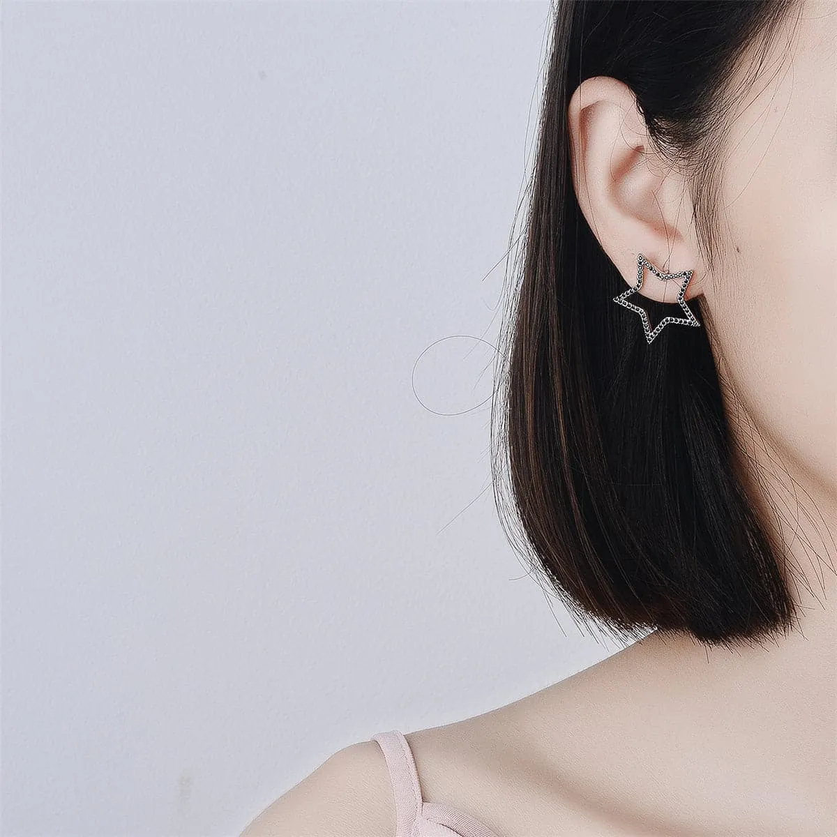 Black Cubic Zirconia & Silver-Plated Open Star Stud Earrings