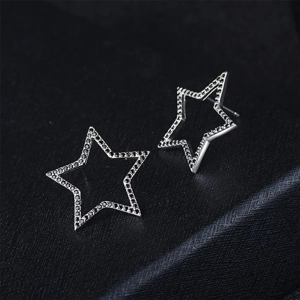 Black Cubic Zirconia & Silver-Plated Open Star Stud Earrings