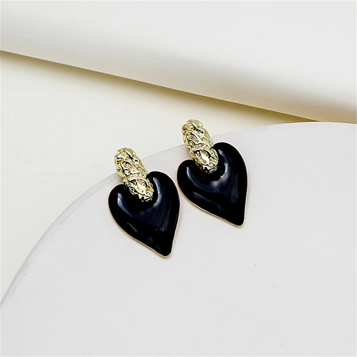 Black Enamel & 18K Gold-Plated Heart Drop Earrings