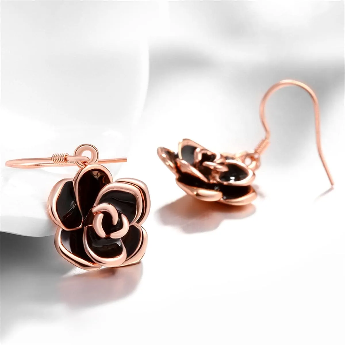 Black Enamel & 18K Rose Gold-Plated Rose Drop Earrings