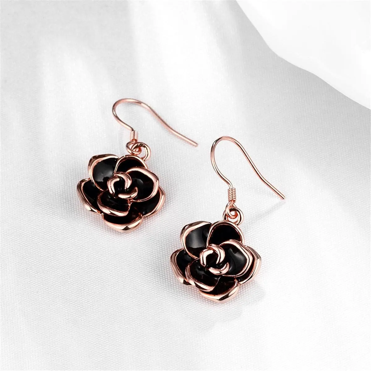 Black Enamel & 18K Rose Gold-Plated Rose Drop Earrings
