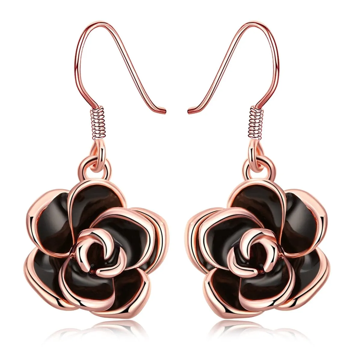 Black Enamel & 18K Rose Gold-Plated Rose Drop Earrings