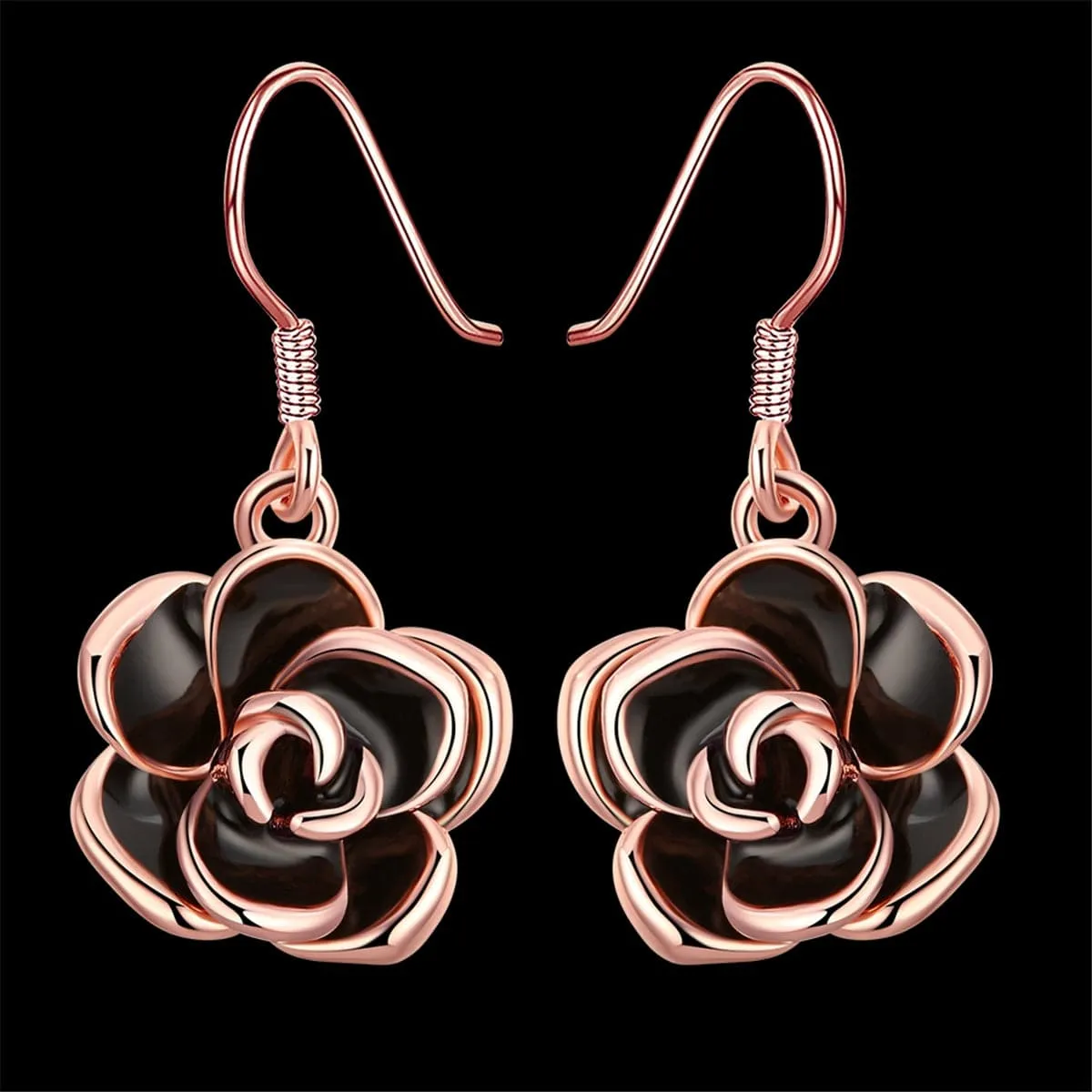 Black Enamel & 18K Rose Gold-Plated Rose Drop Earrings