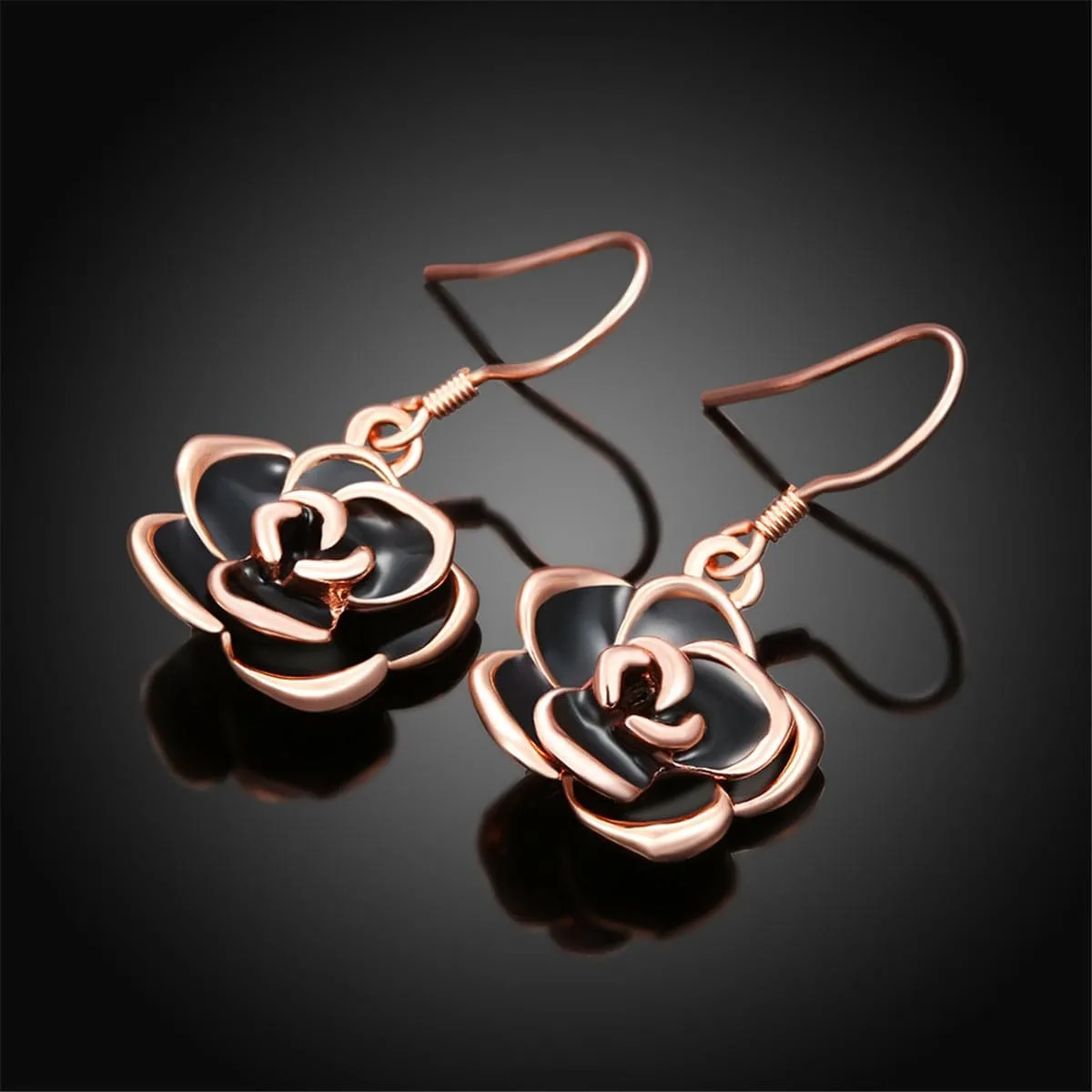 Black Enamel & 18K Rose Gold-Plated Rose Drop Earrings
