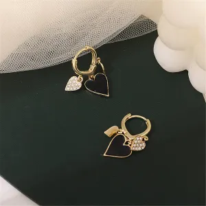 Black Enamel & Cubic Zirconia 18K Gold-Plated Hearts Huggie Earrings