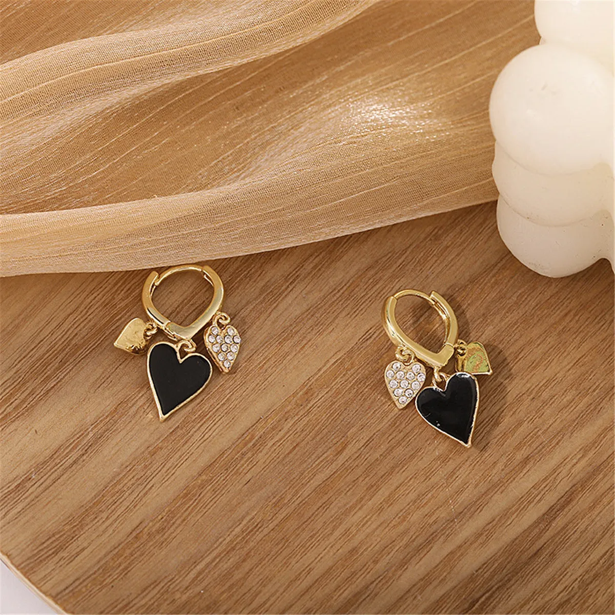 Black Enamel & Cubic Zirconia 18K Gold-Plated Hearts Huggie Earrings
