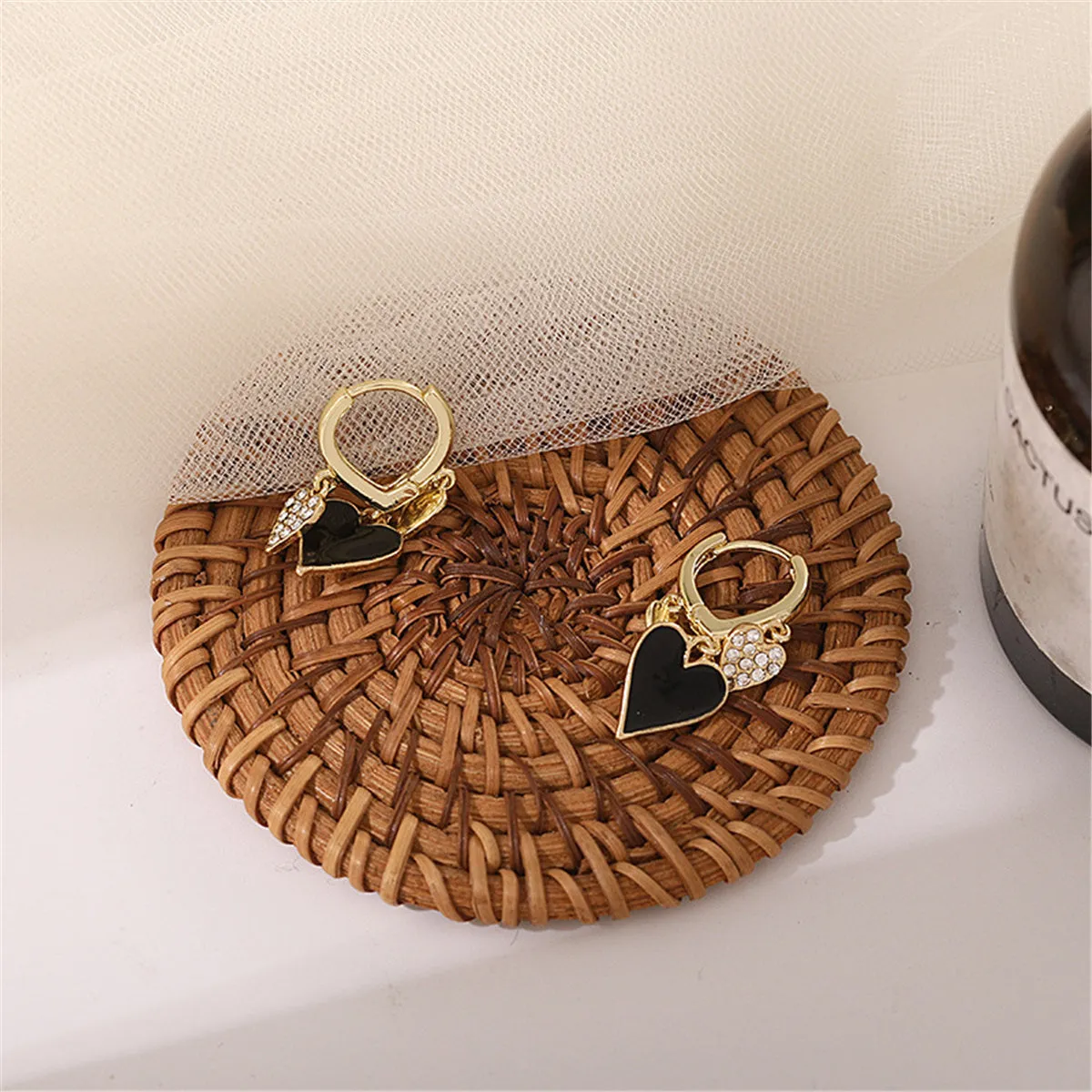 Black Enamel & Cubic Zirconia 18K Gold-Plated Hearts Huggie Earrings