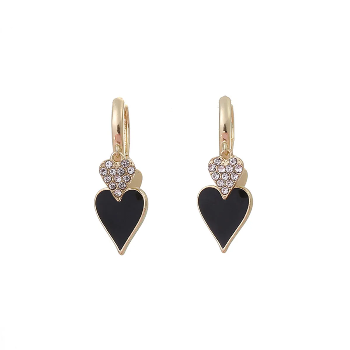 Black Enamel & Cubic Zirconia 18K Gold-Plated Hearts Huggie Earrings