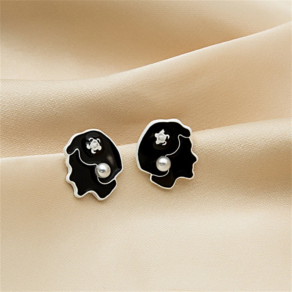 Black Enamel & Pearl Beauty Stud Earrings