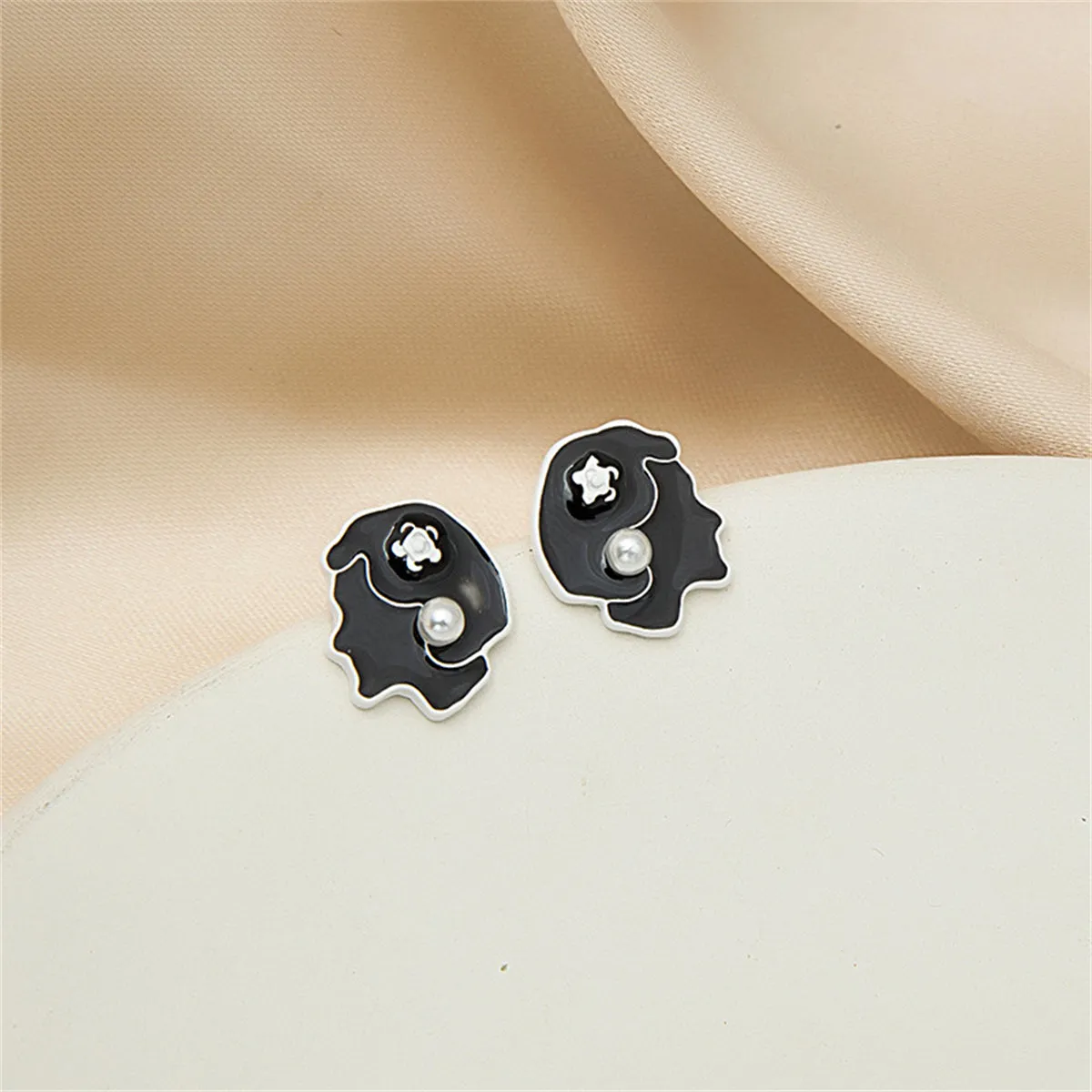 Black Enamel & Pearl Beauty Stud Earrings