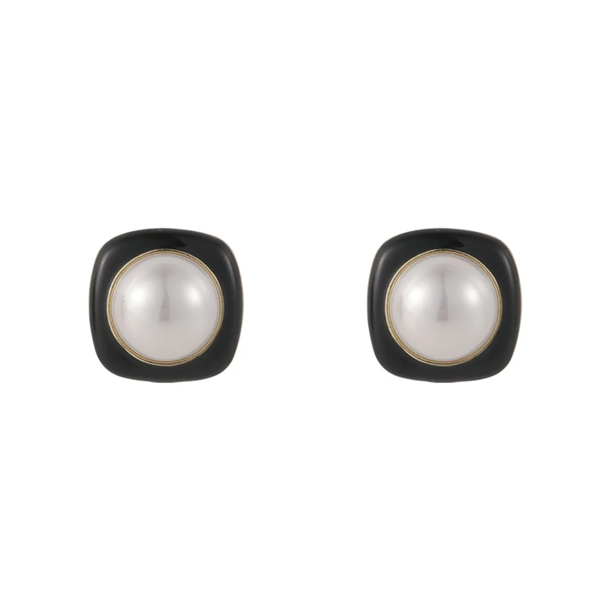 Black Enamel & Pearl Square Stud Earrings