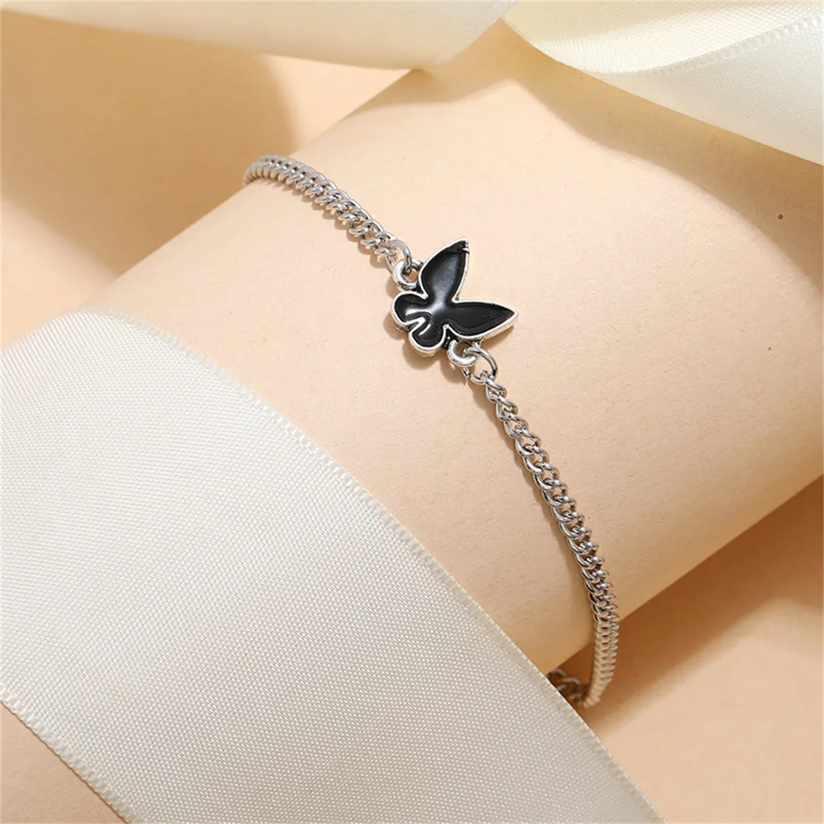 Black Enamel & Silver-Plated Butterfly Charm Bracelet