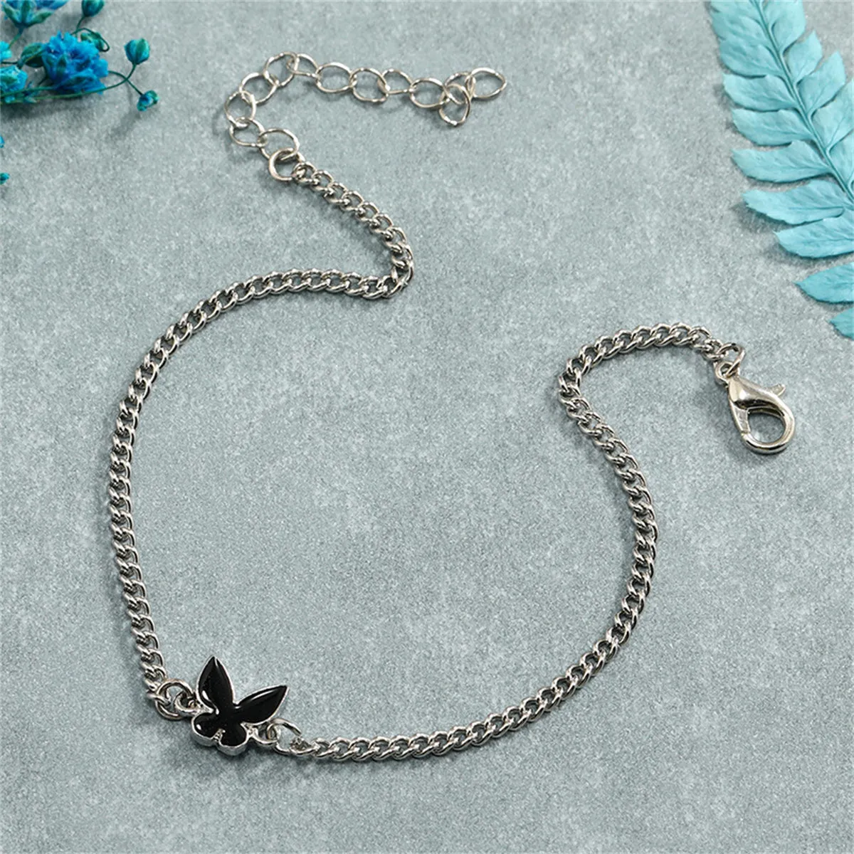 Black Enamel & Silver-Plated Butterfly Charm Bracelet
