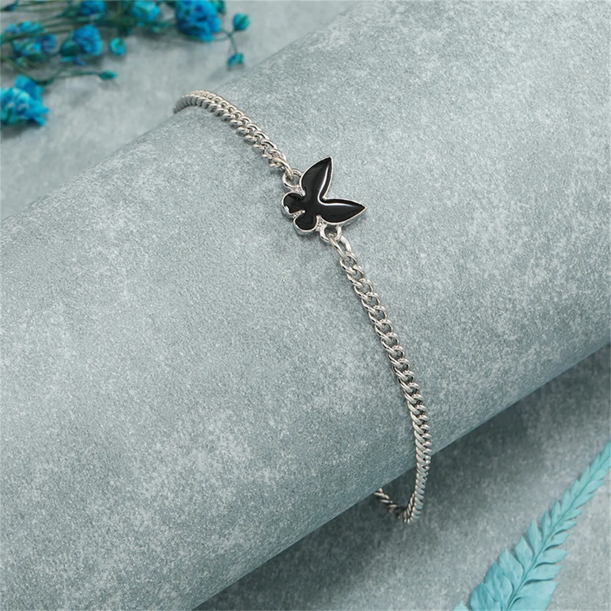 Black Enamel & Silver-Plated Butterfly Charm Bracelet