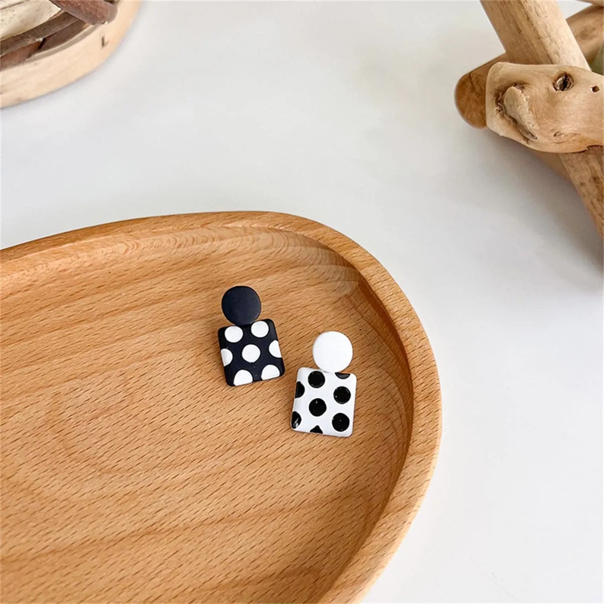 Black Enamel & Silver-Plated Spot Square Drop Earrings