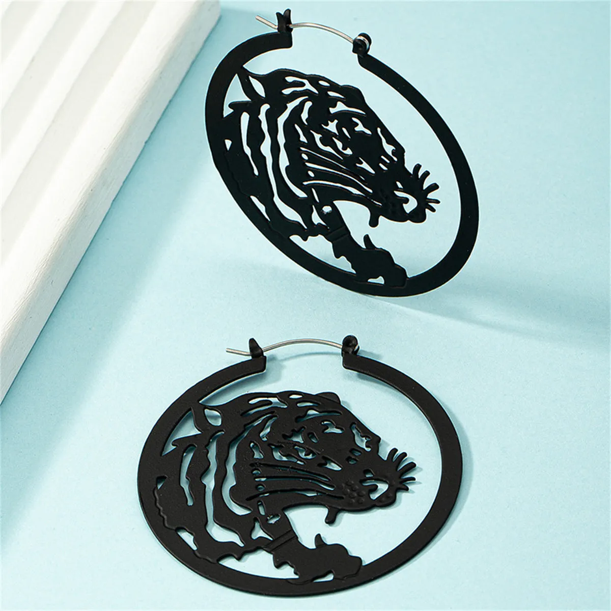 Black Enamel & Silver-Plated Tiger Hoop Earrings