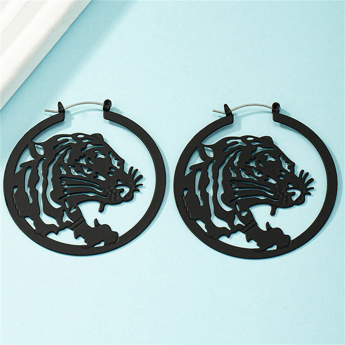 Black Enamel & Silver-Plated Tiger Hoop Earrings