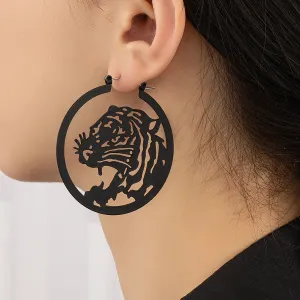 Black Enamel & Silver-Plated Tiger Hoop Earrings