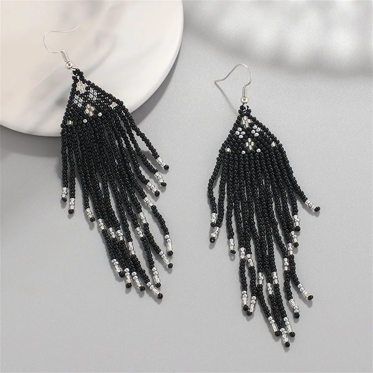 Black Howlite & Silver-Plated Tassel Drop Earrings