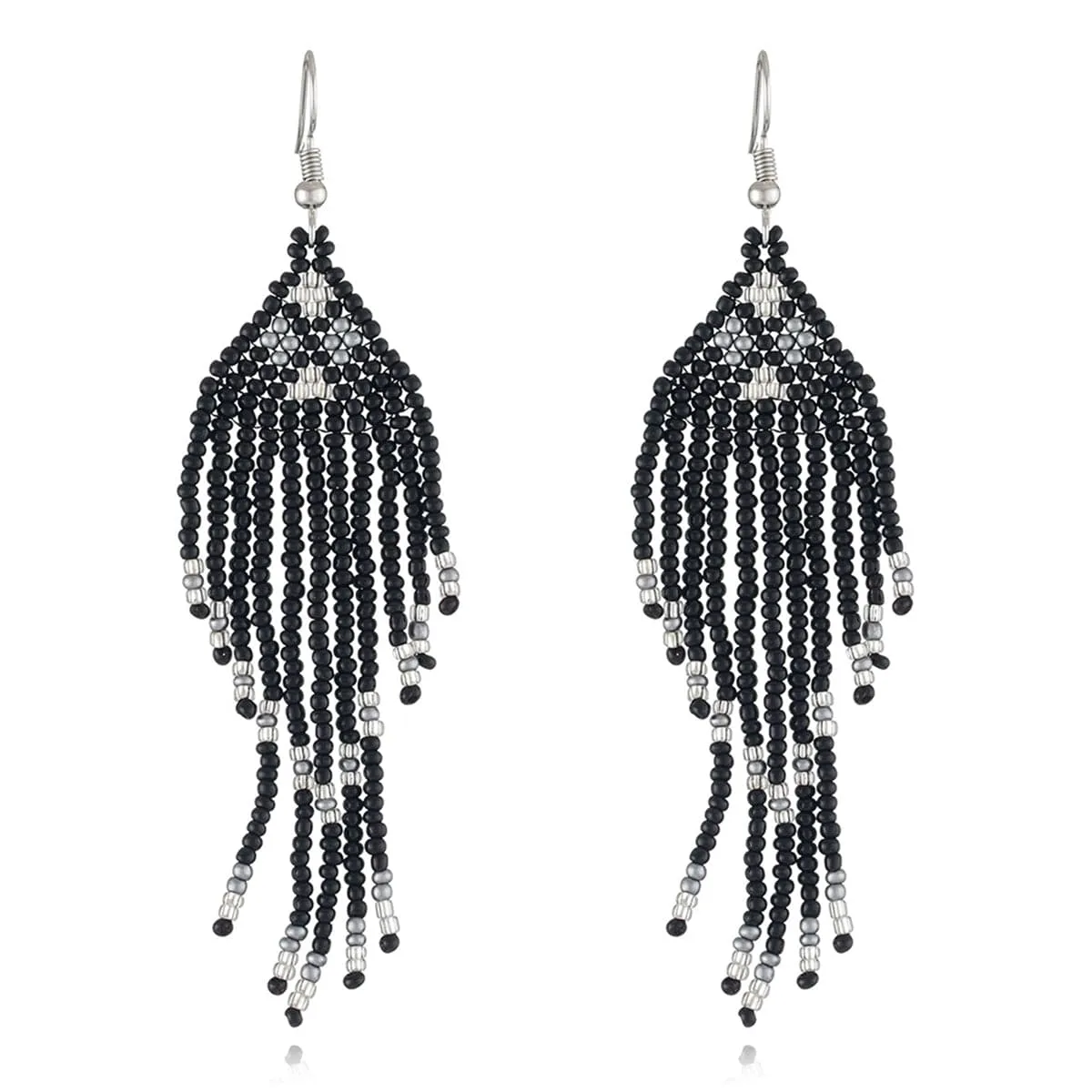 Black Howlite & Silver-Plated Tassel Drop Earrings