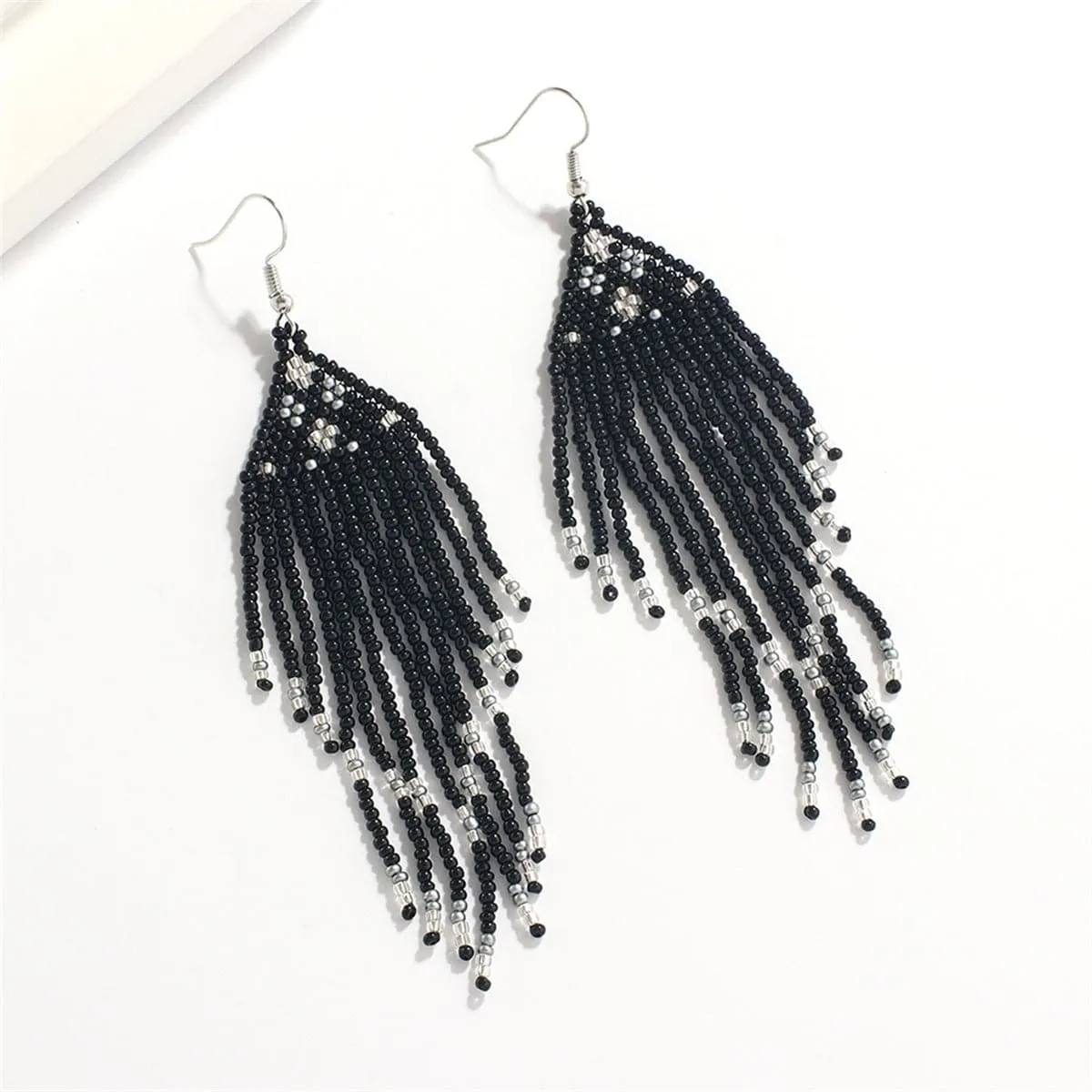 Black Howlite & Silver-Plated Tassel Drop Earrings