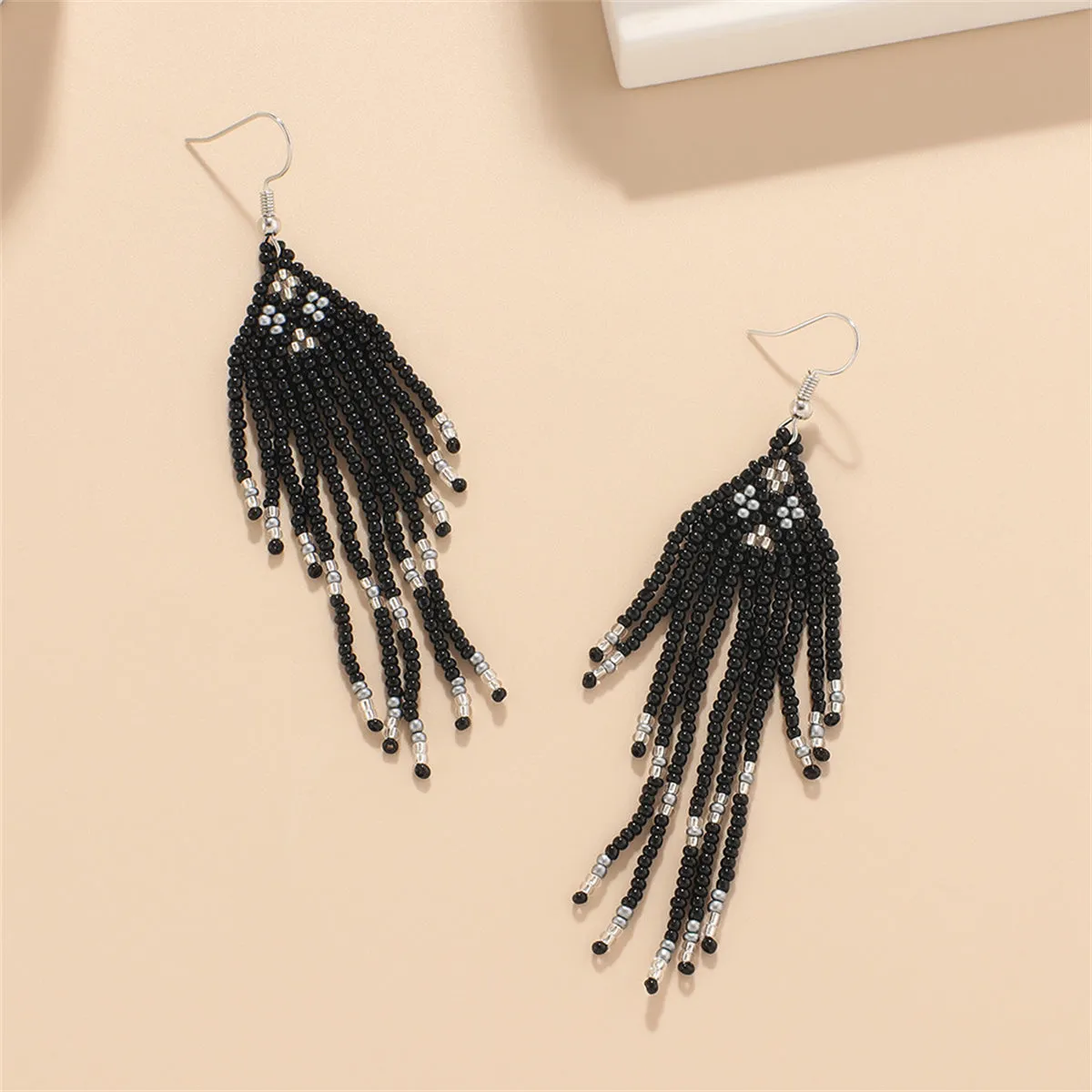 Black Howlite & Silver-Plated Tassel Drop Earrings
