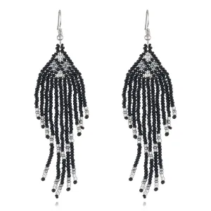 Black Howlite & Silver-Plated Tassel Drop Earrings