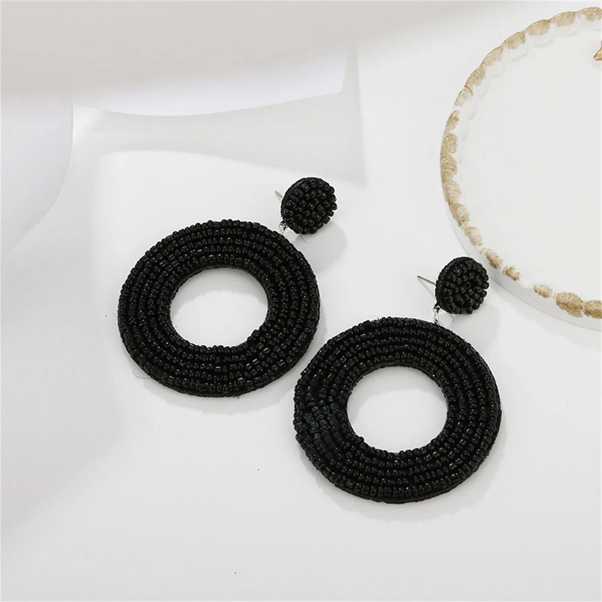 Black Howlite Beaded Open Circle Drop Earrings