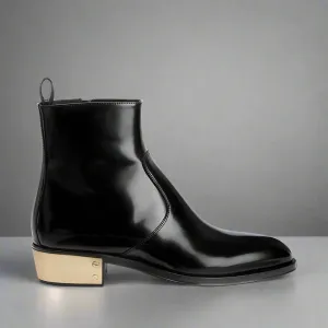 BLACK LEATHER SLIP ON CHELSEA BOOTS WITH ZIPPER AND GOLDEN HEEL PLATE - CHELSEA BOOTS