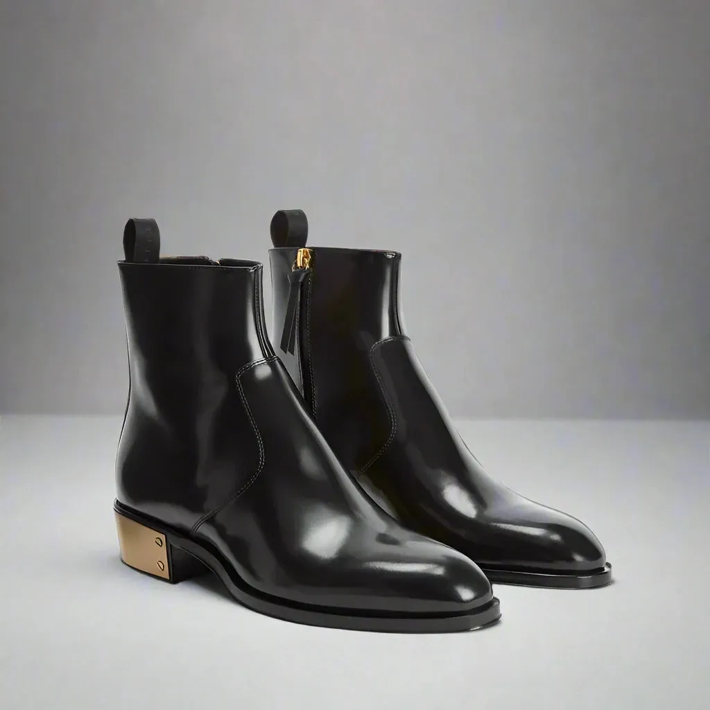 BLACK LEATHER SLIP ON CHELSEA BOOTS WITH ZIPPER AND GOLDEN HEEL PLATE - CHELSEA BOOTS
