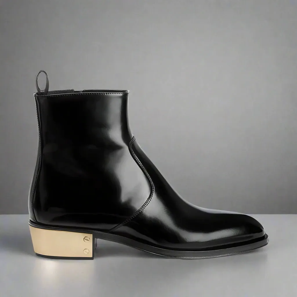 BLACK LEATHER SLIP ON CHELSEA BOOTS WITH ZIPPER AND GOLDEN HEEL PLATE - CHELSEA BOOTS