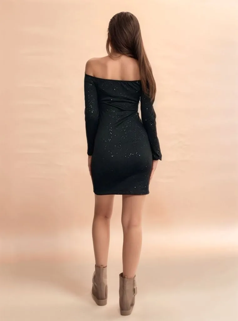 Black Off-Shoulder Glittery Dress