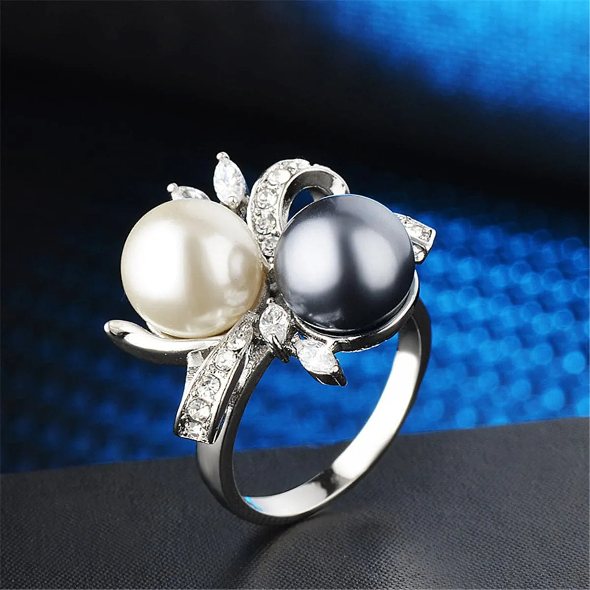 Black Pearl & Cubic Zirconia Silver-Plated Botany Ring