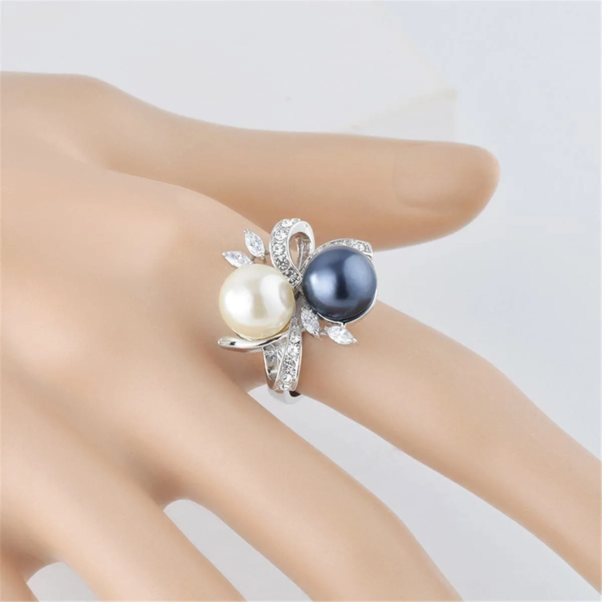 Black Pearl & Cubic Zirconia Silver-Plated Botany Ring