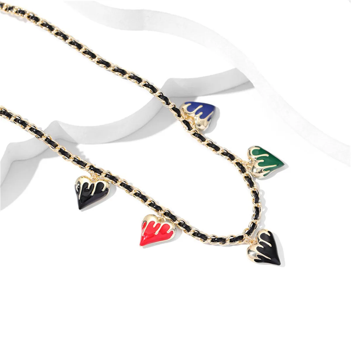 Black Polystyrene & 18K Gold-Plated Multicolor Enamel Heart Station Necklace
