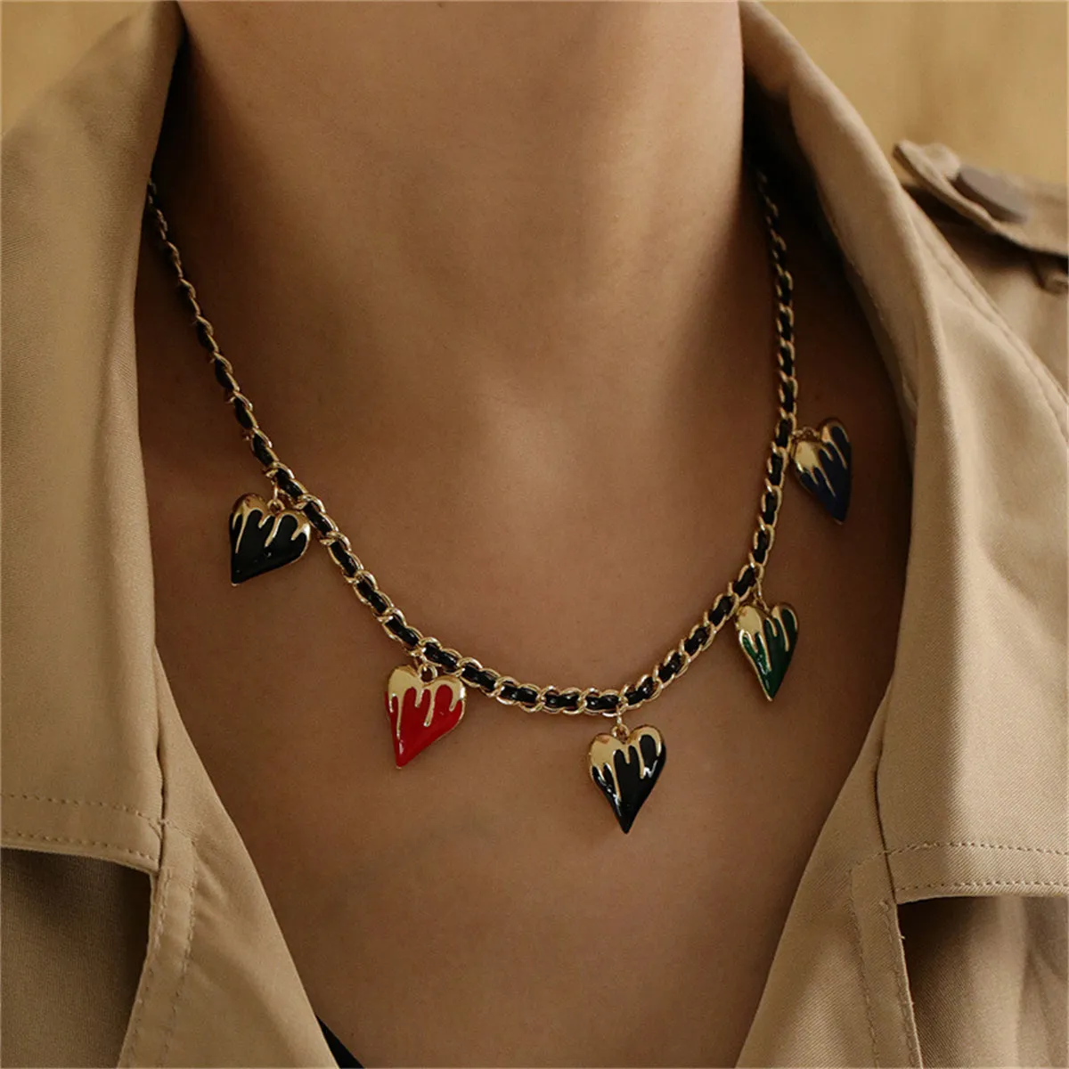 Black Polystyrene & 18K Gold-Plated Multicolor Enamel Heart Station Necklace