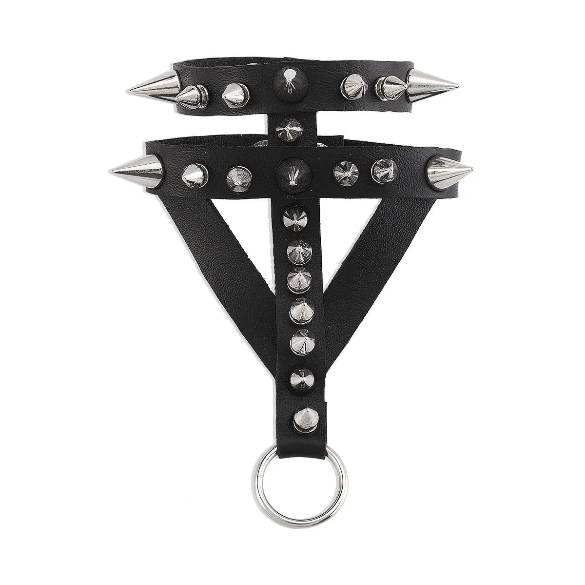 Black Polystyrene & Silver-Plated Rivets Wrist-To-Finger Bracelet
