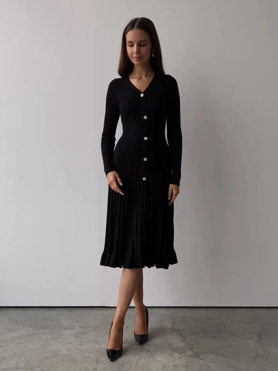 Black Ribbed Knit Midi Dress with Crystal Buttons