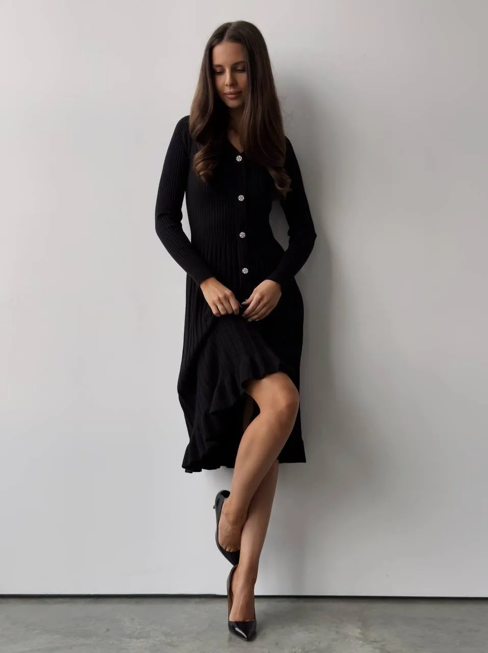 Black Ribbed Knit Midi Dress with Crystal Buttons