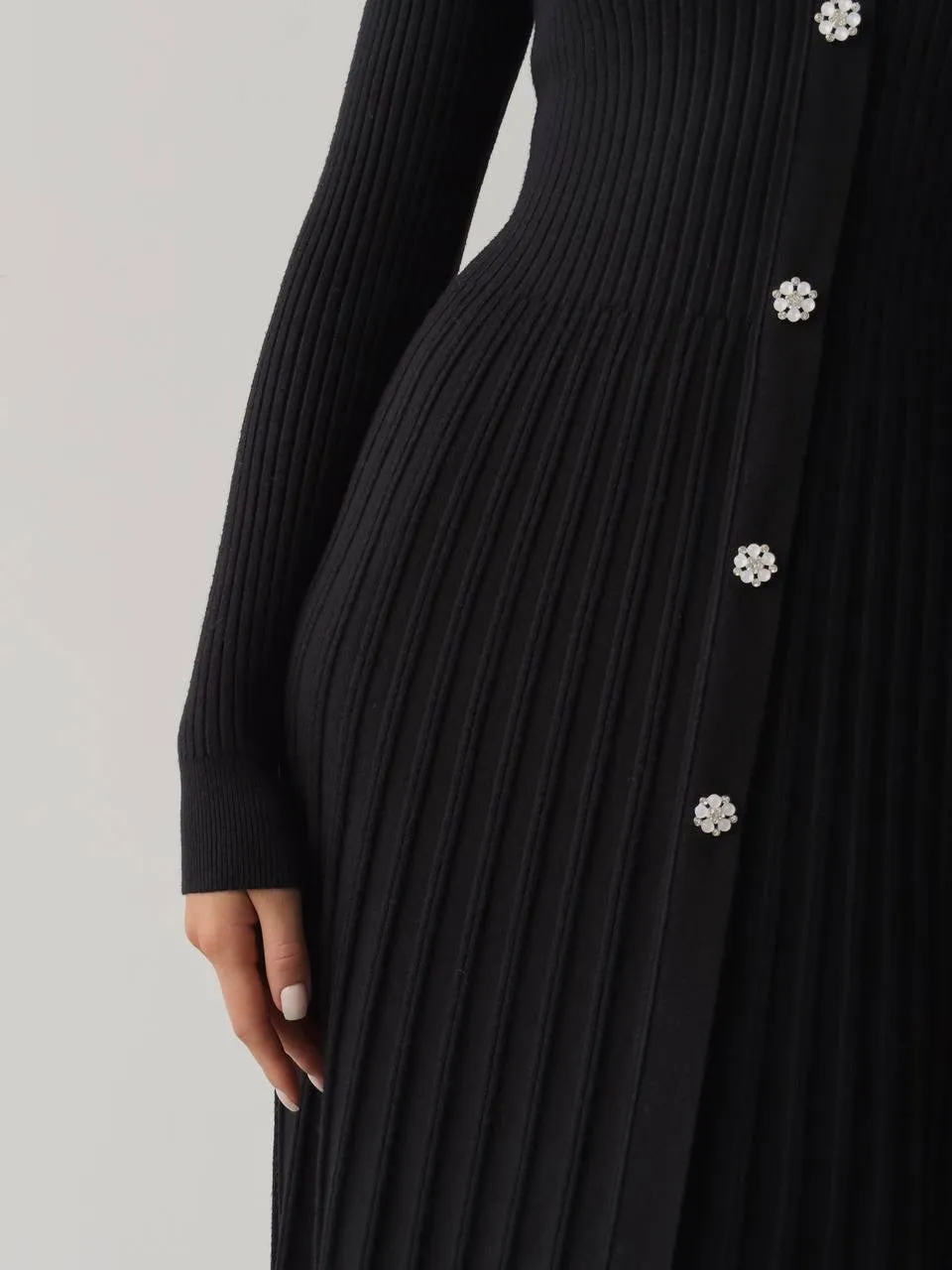 Black Ribbed Knit Midi Dress with Crystal Buttons