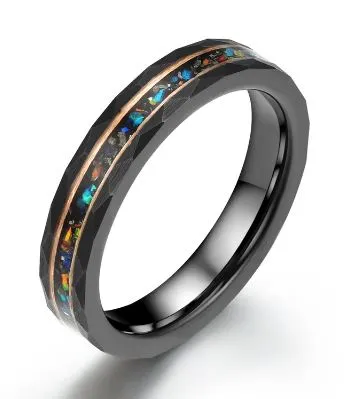Blazing Fire Ring  - Black Hammered Tungsten Crushed Opal Men's Wedding Band 4MM