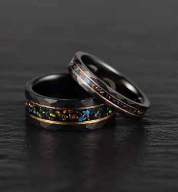 Blazing Fire Ring  - Black Hammered Tungsten Crushed Opal Men's Wedding Band 4MM