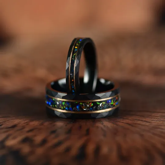 Blazing Fire Ring  - Black Hammered Tungsten Crushed Opal Men's Wedding Band 4MM