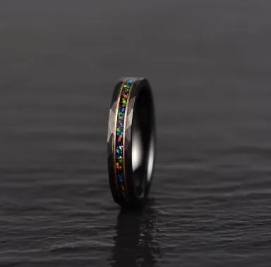 Blazing Fire Ring  - Black Hammered Tungsten Crushed Opal Men's Wedding Band 4MM