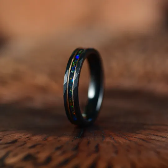 Blazing Fire Ring  - Black Hammered Tungsten Crushed Opal Men's Wedding Band 4MM