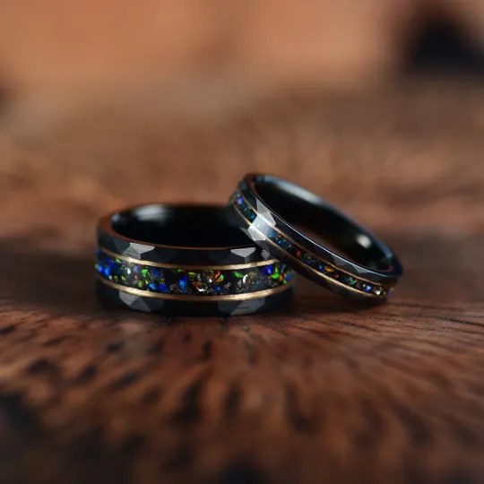 Blazing Fire Ring  - Black Hammered Tungsten Crushed Opal Men's Wedding Band 4MM