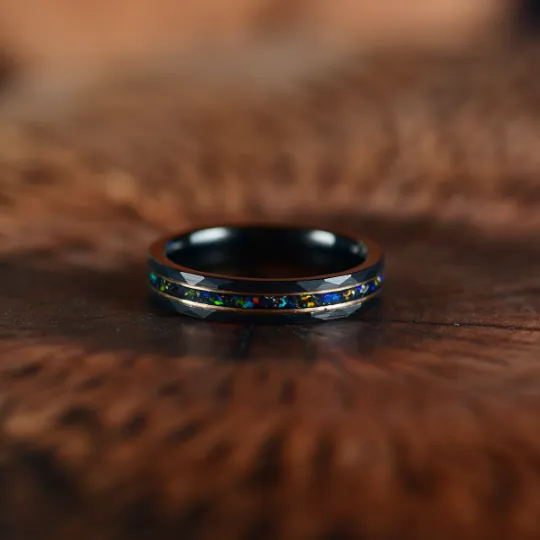 Blazing Fire Ring  - Black Hammered Tungsten Crushed Opal Men's Wedding Band 4MM