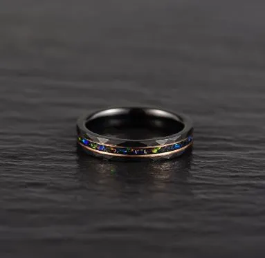 Blazing Fire Ring  - Black Hammered Tungsten Crushed Opal Men's Wedding Band 4MM
