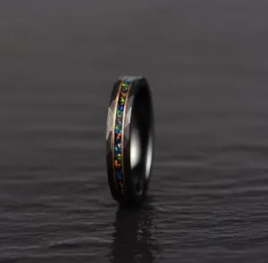 Blazing Fire Ring  - Black Hammered Tungsten Crushed Opal Men's Wedding Band 4MM